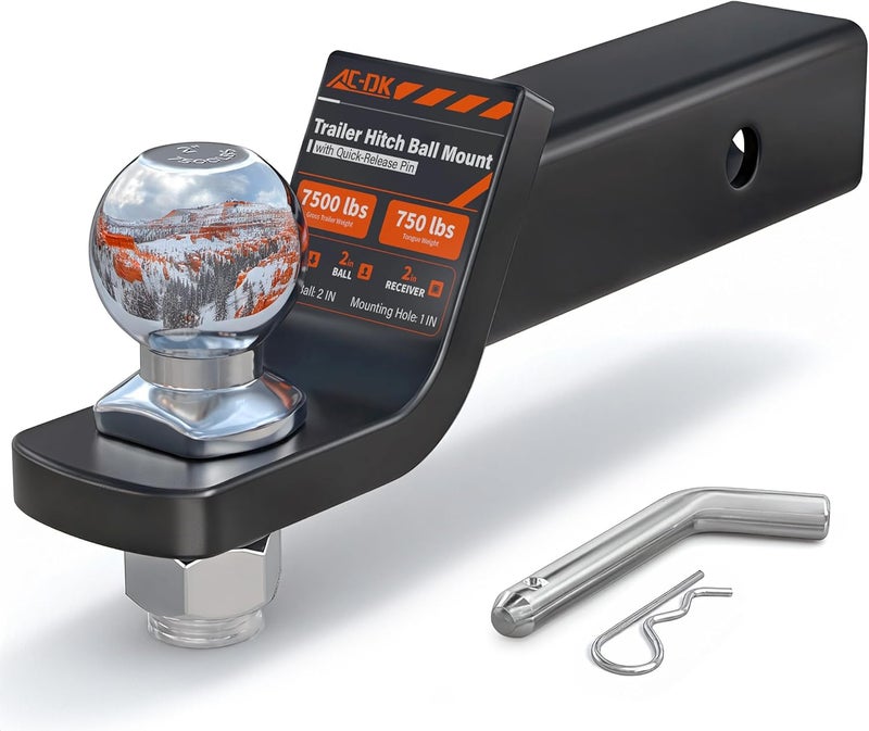AC-DK Trailer Hitch Ball Mount for 2 inch Receiver,2 inch Drop Hitch,with 2-Inch Ball,7,500 lbs Capacity Ball Hitch, 750lbs Tongue Weight,Includes Hitch Pin - Image 1